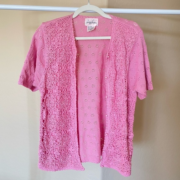 Vintage Pink Jacquline Smith Crochet Short Sleeve Cardigan - Picture 1 of 8